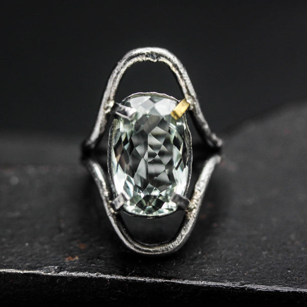 Oval faceted Green Amethyst ring in silver bezel and prongs setting in sterling silver oxidized double band