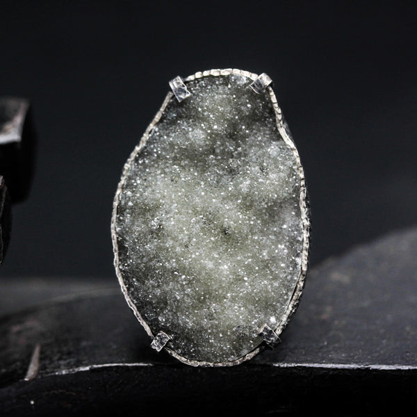 Grey Natural Brazilian Druzy Ring Sterling Silver Bezel & Prong Setting