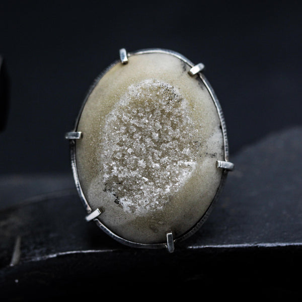 Bold Yellow Natural Brazilian Druzy Ring  Sterling Silver Bezel & Prong Setting