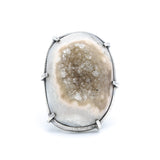 Natural Brown/Grey Druzy Quartz Ring Sterling Silver Bezel & Skeleton Band
