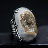 Natural Brown/Grey Druzy Quartz Ring Sterling Silver Bezel & Skeleton Band