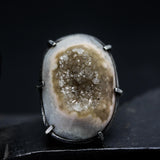 Natural Brown/Grey Druzy Quartz Ring Sterling Silver Bezel & Skeleton Band
