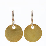 Gold plated brass discs earrings with matte finish and hangs on sterling silver hook - Metal Studio Jewelry