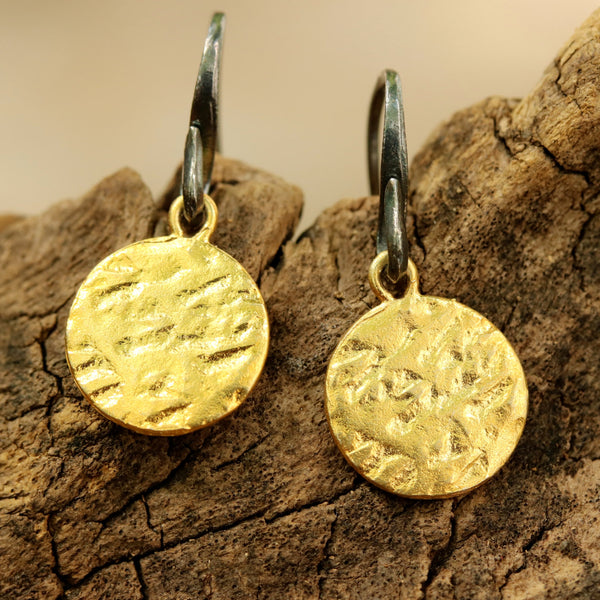 Gold plated brass discs earrings with texture and hangs on sterling silver oxidized hook - Metal Studio Jewelry