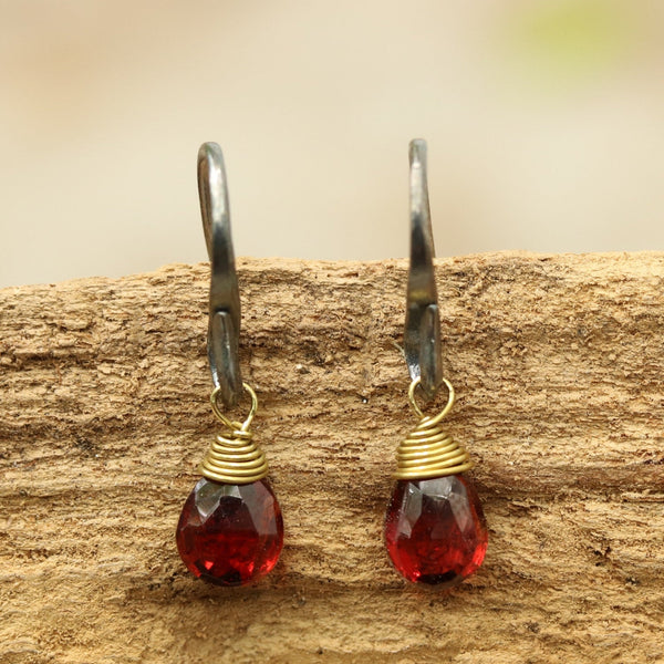 Garnet faceted drops earrings with oxidized sterling silver hooks - Metal Studio Jewelry