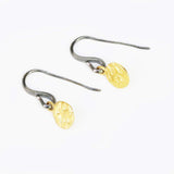 Gold plated brass discs 8.5 mm earrings with texture and hangs on sterling silver oxidized hook - Metal Studio Jewelry