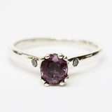 Purple spinel ring in prongs setting and diamond side set with sterling silver band - Metal Studio Jewelry