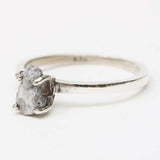 Real white/grey rough diamond ring in prongs setting with sterling silver high polished band - Metal Studio Jewelry