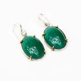 Green onyx cabochon earrings in silver bezel setting with polished brass accent prongs - Metal Studio Jewelry