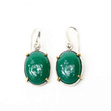 Green onyx cabochon earrings in silver bezel setting with polished brass accent prongs - Metal Studio Jewelry