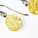 Gold plated brass discs earrings with texture and hangs on sterling silver oxidized hook - Metal Studio Jewelry