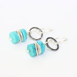 Blue turquoise beads earrings and silver plate with hammer silver oxidized loops on sterling silver hooks style - Metal Studio Jewelry
