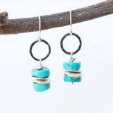 Blue turquoise beads earrings and silver plate with hammer silver oxidized loops on sterling silver hooks style - Metal Studio Jewelry