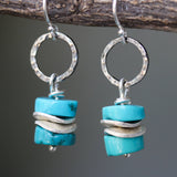 Blue turquoise beads earrings and silver plate with hammer silver oxidized loops on sterling silver hooks style - Metal Studio Jewelry