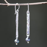 Sterling silver bar earrings with hammer textured and turquoise beads on silver hooks style - Metal Studio Jewelry