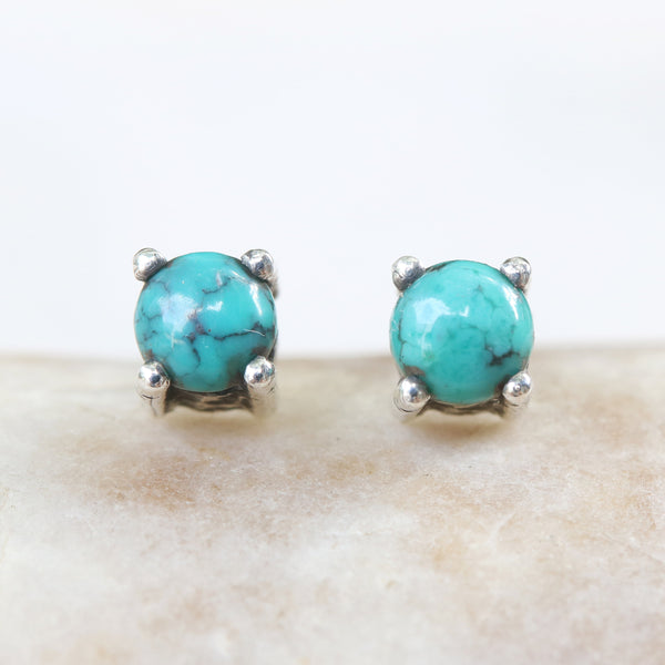 Sterling silver stud earrings with cabochon turquoise in prongs setting with sterling silver post and backing - Metal Studio Jewelry