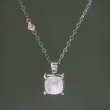 Square faceted Rose quartz gemstone pendant necklace in silver bezel and prongs setting and multi-pink sapphire on the side on chain - Metal Studio Jewelry