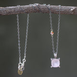 Square faceted Rose quartz gemstone pendant necklace in silver bezel and prongs setting and multi-pink sapphire on the side on chain - Metal Studio Jewelry
