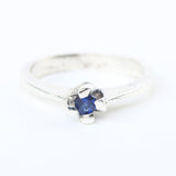 Dainty,Round faceted blue sapphire ring in silver prongs setting with sterling silver high polished band - Metal Studio Jewelry