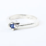 Dainty,Round faceted blue sapphire ring in silver prongs setting with sterling silver high polished band - Metal Studio Jewelry