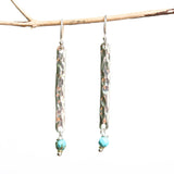 Sterling silver bar earrings with hammer textured and turquoise beads on silver hooks style - Metal Studio Jewelry