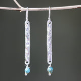 Sterling silver bar earrings with hammer textured and turquoise beads on silver hooks style - Metal Studio Jewelry