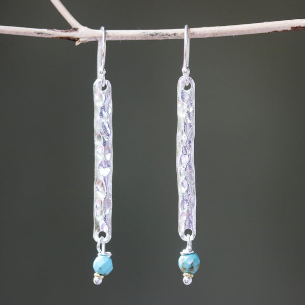 Sterling silver bar earrings with hammer textured and turquoise beads on silver hooks style - Metal Studio Jewelry