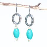 Earrings,Turquoise with silver oval shape with hammer textures on sterling silver hooks style - Metal Studio Jewelry