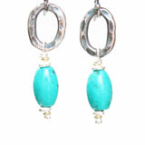 Earrings,Turquoise with silver oval shape with hammer textures on sterling silver hooks style - Metal Studio Jewelry