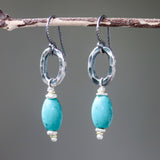 Earrings,Turquoise with silver oval shape with hammer textures on sterling silver hooks style - Metal Studio Jewelry