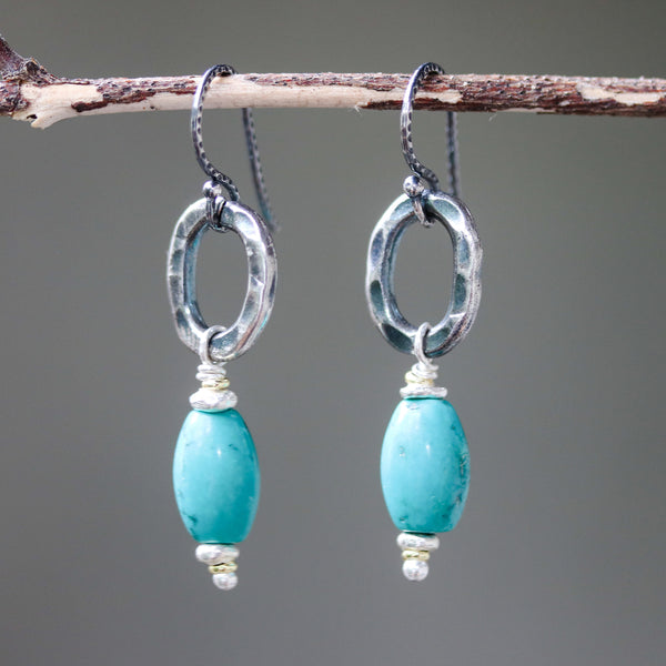 Earrings,Turquoise with silver oval shape with hammer textures on sterling silver hooks style - Metal Studio Jewelry