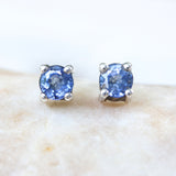 Sterling silver stud earrings with faceted blue sapphire in prongs setting with sterling silver post and backing - Metal Studio Jewelry