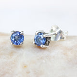 Sterling silver stud earrings with faceted blue sapphire in prongs setting with sterling silver post and backing - Metal Studio Jewelry
