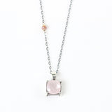 Square faceted Rose quartz gemstone pendant necklace in silver bezel and prongs setting and multi-pink sapphire on the side on chain - Metal Studio Jewelry
