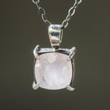 Square faceted Rose quartz gemstone pendant necklace in silver bezel and prongs setting and multi-pink sapphire on the side on chain - Metal Studio Jewelry