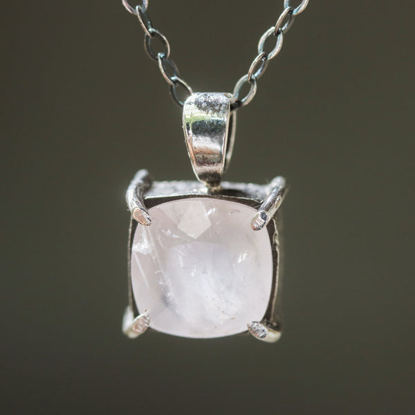 Square faceted Rose quartz gemstone pendant necklace in silver bezel and prongs setting and multi-pink sapphire on the side on chain - Metal Studio Jewelry