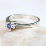 Dainty,Round faceted blue sapphire ring in silver prongs setting with sterling silver high polished band - Metal Studio Jewelry