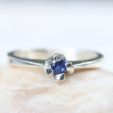 Dainty,Round faceted blue sapphire ring in silver prongs setting with sterling silver high polished band - Metal Studio Jewelry