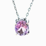 Oval Amethyst pendant necklace in silver bezel and prongs setting with amethyst beads secondary on oxidized sterling silver chain - Metal Studio Jewelry