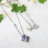 Cushion Amethyst pendant necklace in silver bezel and prongs setting with amethyst beads secondary on oxidized sterling silver chain - Metal Studio Jewelry