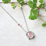 Oval cabochon rose quartz necklace in silver bezel and prongs setting with pink multi-sapphire beads secondary on oxidized silver chain - Metal Studio Jewelry