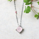 Cushion rose quartz necklace in silver bezel and prongs setting with pink multi-sapphire beads secondary on oxidized silver - Metal Studio Jewelry