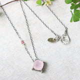 Cushion rose quartz necklace in silver bezel and prongs setting with pink multi-sapphire beads secondary on oxidized silver - Metal Studio Jewelry