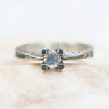 Tiny round faceted moonstone ring in silver prongs setting with sterling silver hard texture oxidized band - Metal Studio Jewelry