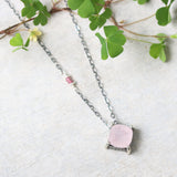Cushion rose quartz necklace in silver bezel and prongs setting with pink multi-sapphire beads secondary on oxidized silver - Metal Studio Jewelry