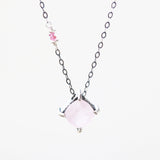 Cushion rose quartz necklace in silver bezel and prongs setting with pink multi-sapphire beads secondary on oxidized silver - Metal Studio Jewelry
