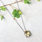 Oval faceted Citrine pendant necklace in silver bezel and prongs setting with yellow multi-sapphire beads secondary on silver chain - Metal Studio Jewelry