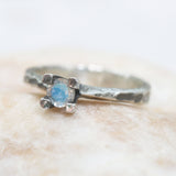 Tiny round faceted moonstone ring in silver prongs setting with sterling silver hard texture oxidized band - Metal Studio Jewelry