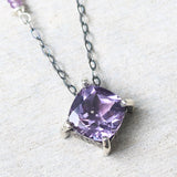 Cushion Amethyst pendant necklace in silver bezel and prongs setting with amethyst beads secondary on oxidized sterling silver chain - Metal Studio Jewelry