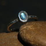 Dainty oval moonstone ring in silver bezel setting with oxidized texture sterling silver band - Metal Studio Jewelry